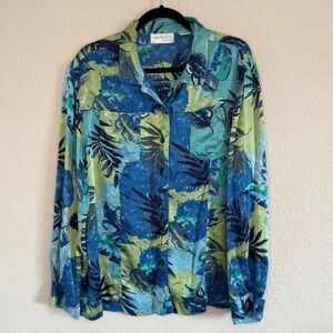 Real Comfort 14 Silk Button-Up Top Tropical Palm Vacation‎ Artsy Beach Career
